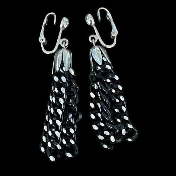 Vintage Sarah Coventry Art Deco Style Chain Tassel Clip On Earrings Silver Tone - Picture 2 of 8